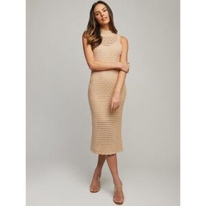 525 America Crochet Mock Neck Midi Dress Tan Beige Keyhole Back Sleeveless M